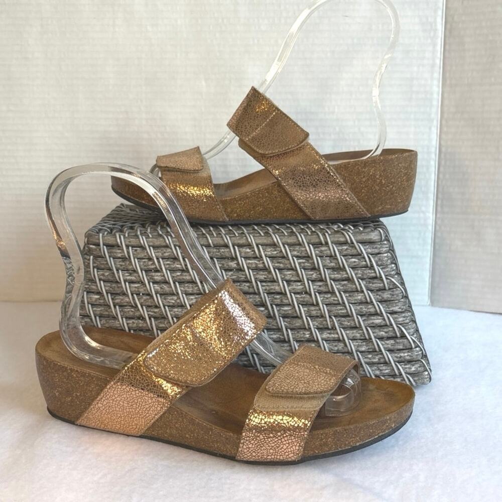 Lola Sabbia Metallic Gold Leather Cork Wedge Sandals Womens Size EU 41 US 10.5